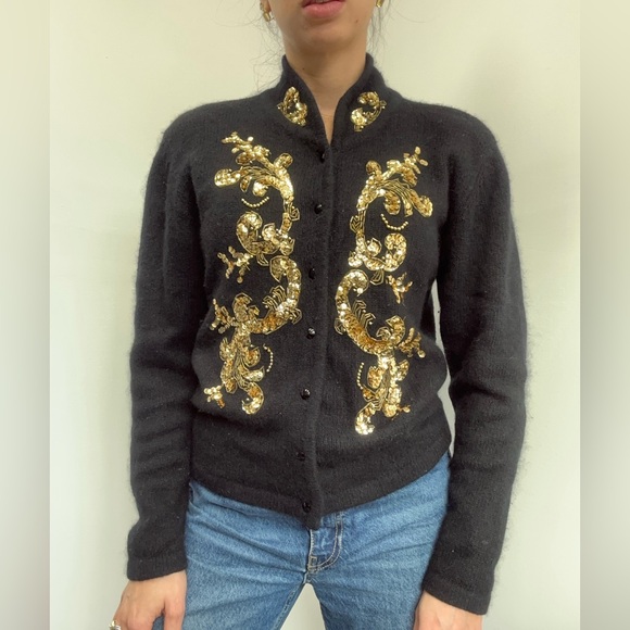 Karen Scott Sweaters - Vintage Karen Scott Black Silk Wool Sequin Beaded Knit Cardigan Sweater Size M